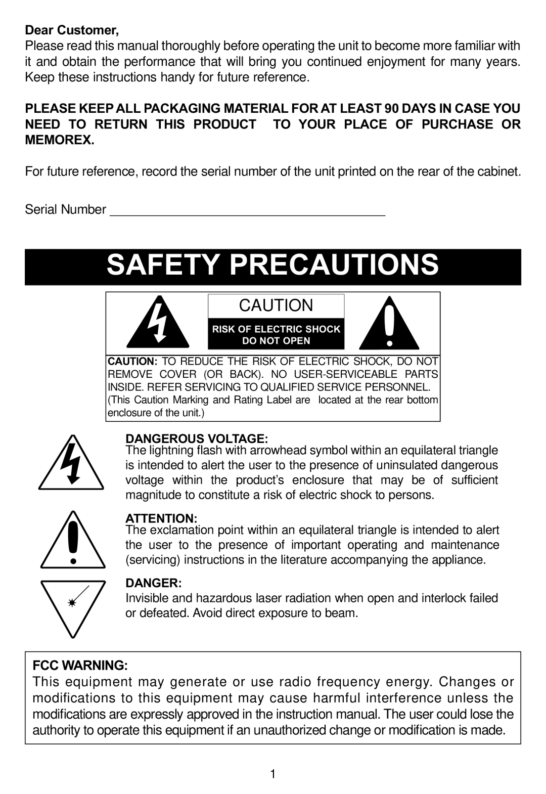 Memorex MP4047 manual Dear Customer, FCC Warning 