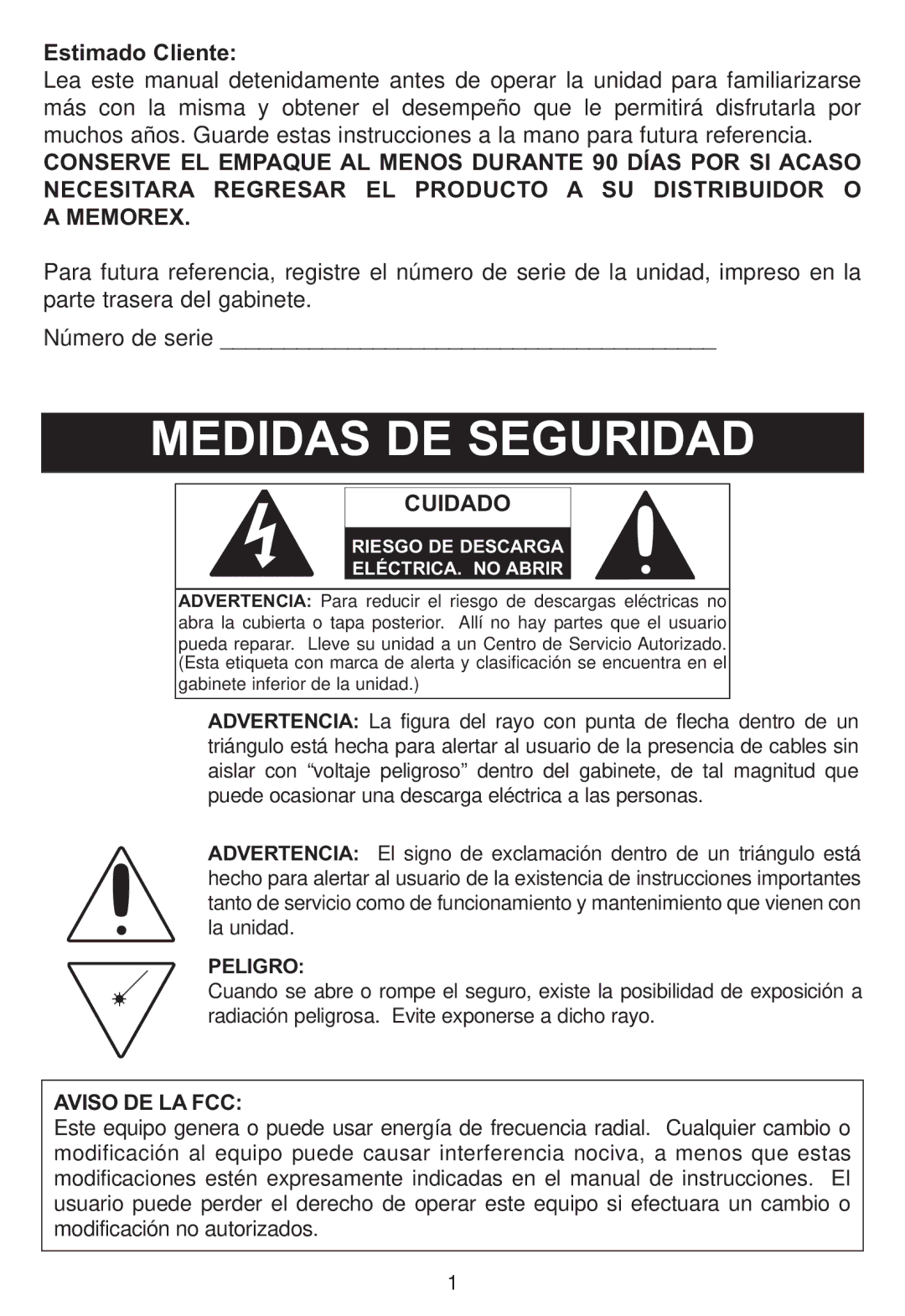 Memorex MP4047 manual Estimado Cliente, Cuidado, Aviso DE LA FCC 