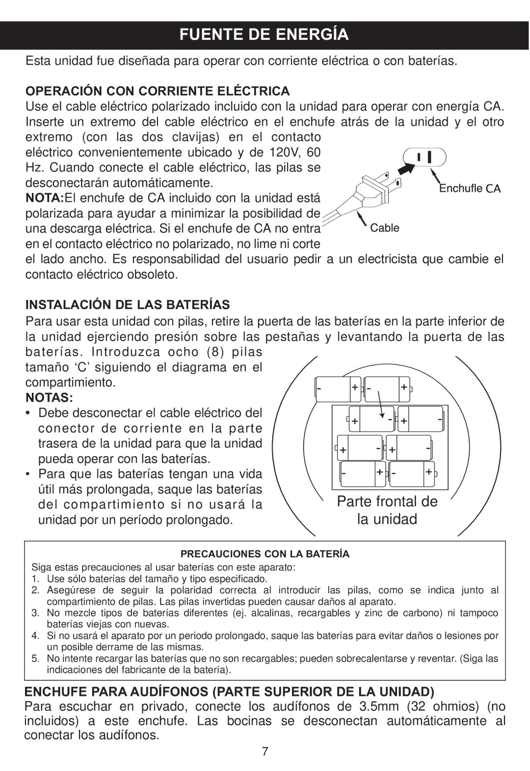 Memorex MP4047 manual Fuente DE Energía, Operación CON Corriente Eléctrica, Instalación DE LAS Baterías, Notas 