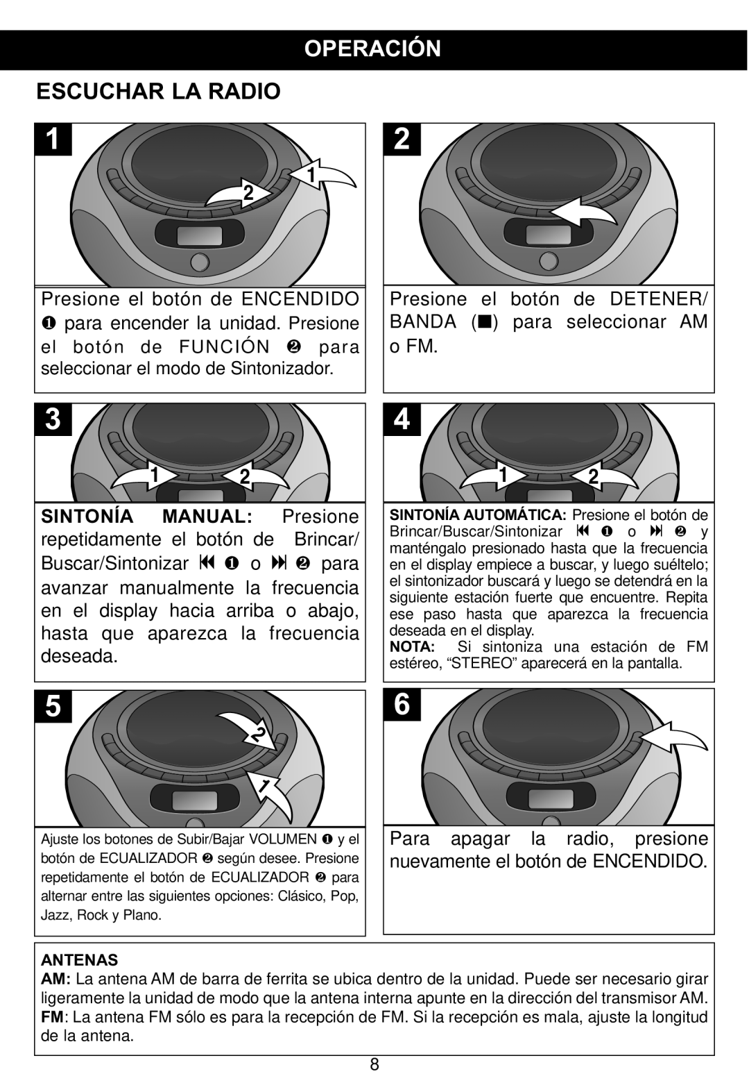 Memorex MP4047 manual Operación, Sintonía Manual Presione repetidamente el botón de Brincar 