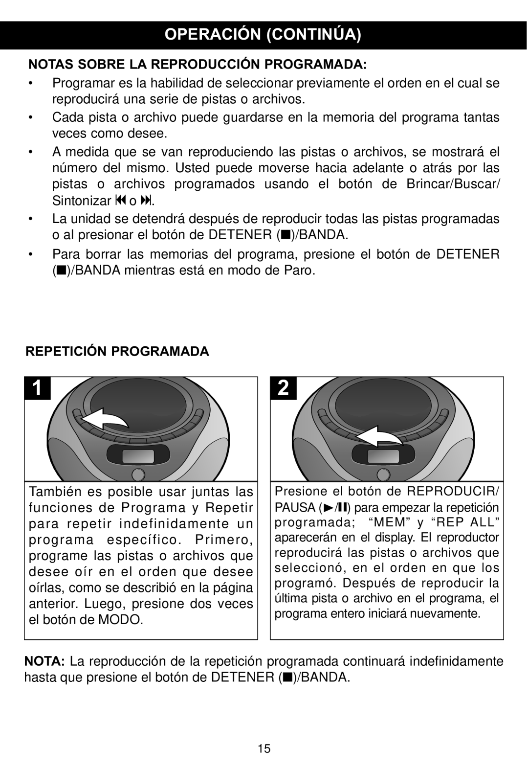 Memorex MP4047 manual Notas Sobre LA Reproducción Programada, Repetición Programada 