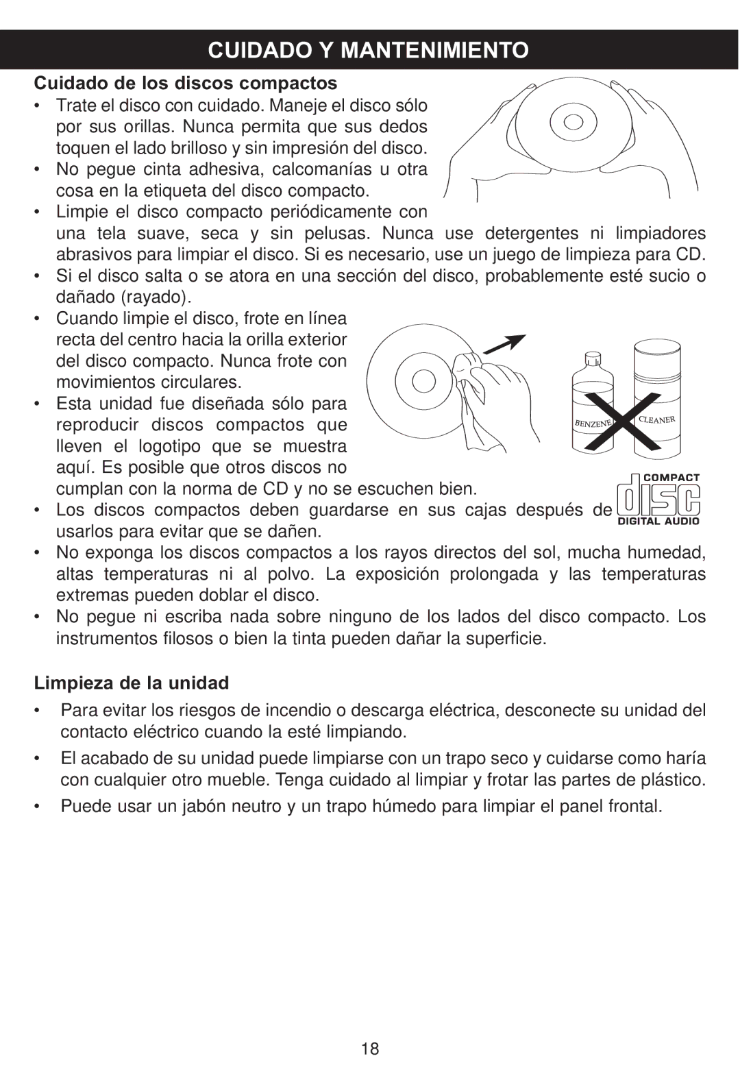 Memorex MP4047 manual Cuidado Y Mantenimiento, Cuidado de los discos compactos, Limpieza de la unidad 