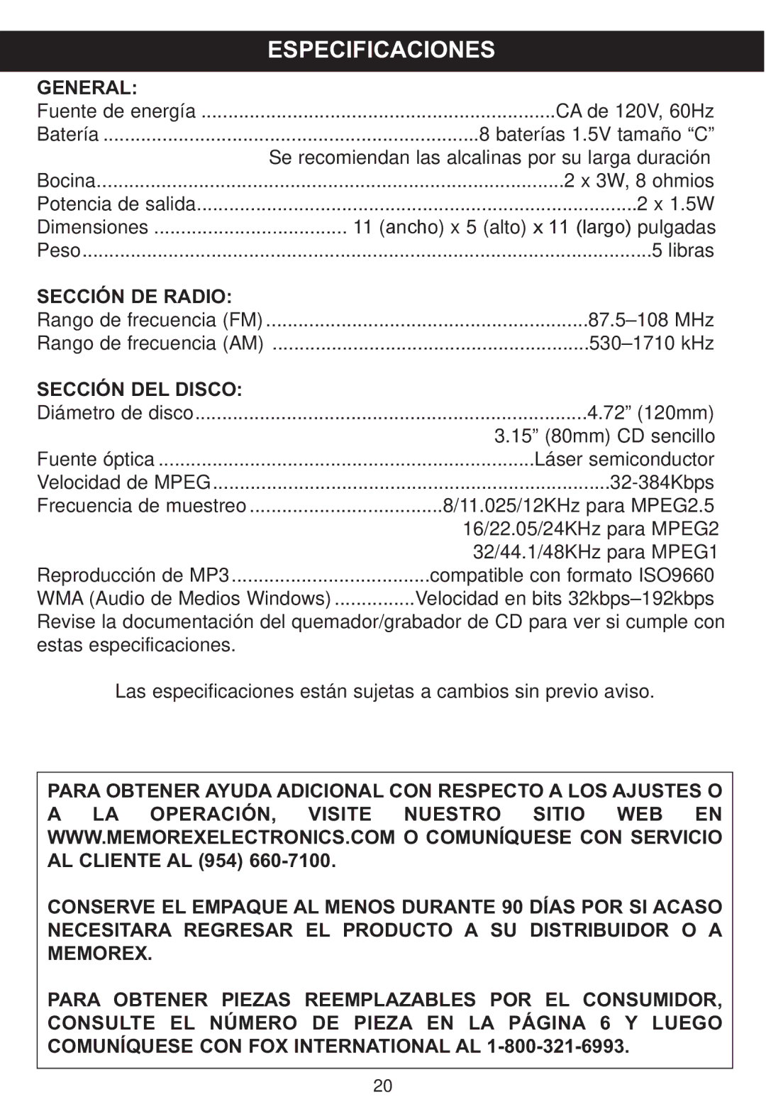 Memorex MP4047 manual Especificaciones 