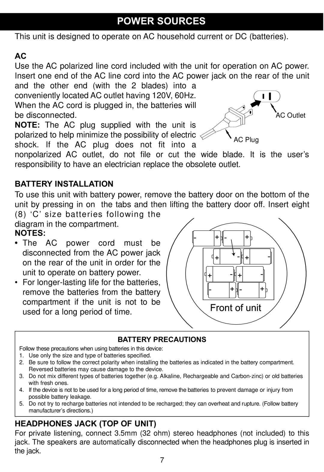 Memorex MP4047 manual Power Sources, Battery Installation, Headphones Jack TOP of Unit 