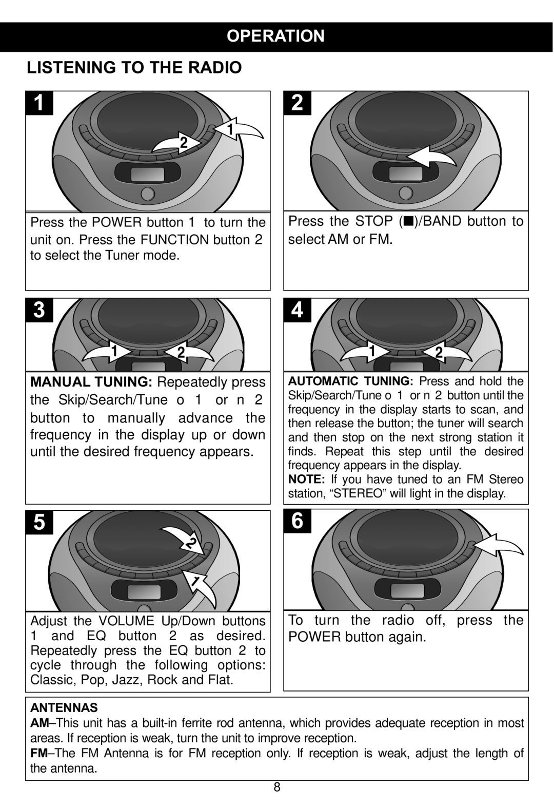 Memorex MP4047 manual Operation, Listening to the Radio 