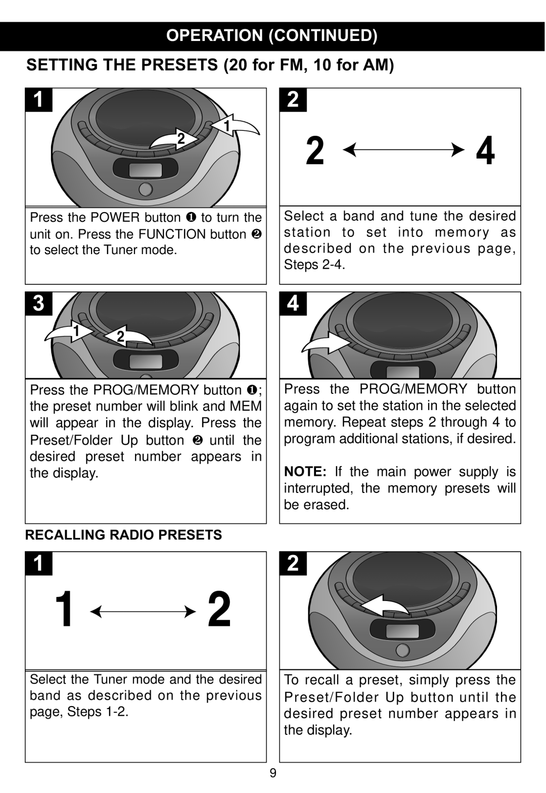 Memorex MP4047 manual Operation Continued, SETTING THE PRESETS 20 for FM, 10 for AM, Recalling Radio Presets 