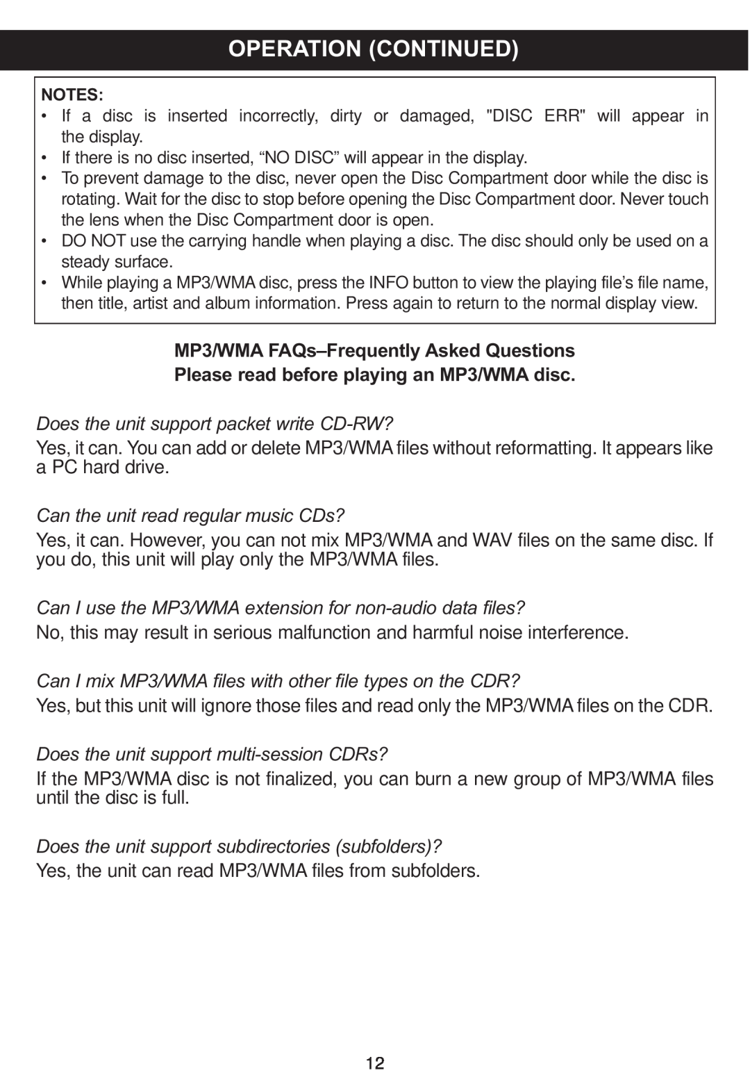 Memorex MP4047 Operation Continued, MP3/WMA FAQs-FrequentlyAsked Questions, Please read before playing an MP3/WMA disc 