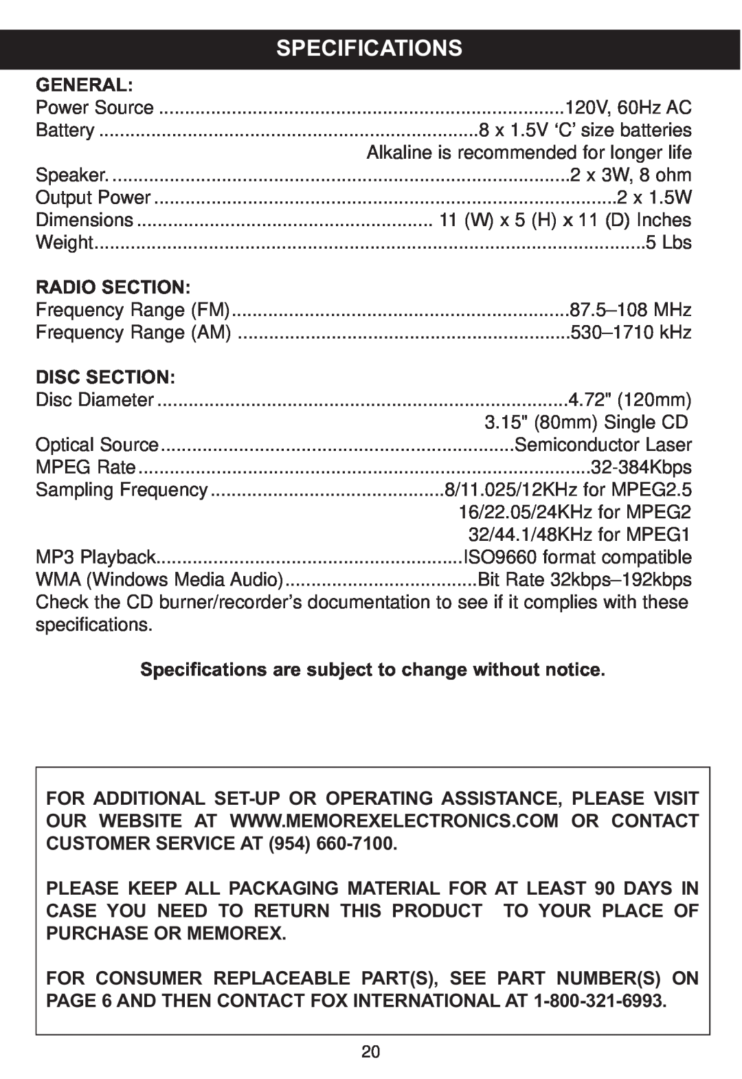 Memorex MP4047 manual Specifications 