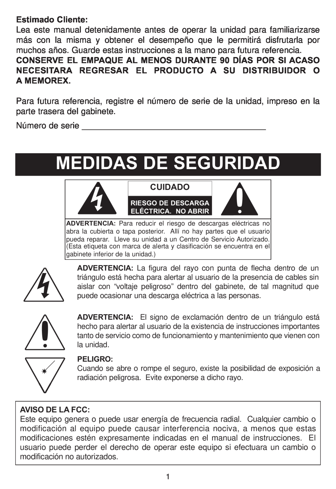 Memorex MP4047 manual Estimado Cliente, Cuidado, Aviso De La Fcc, Peligro 