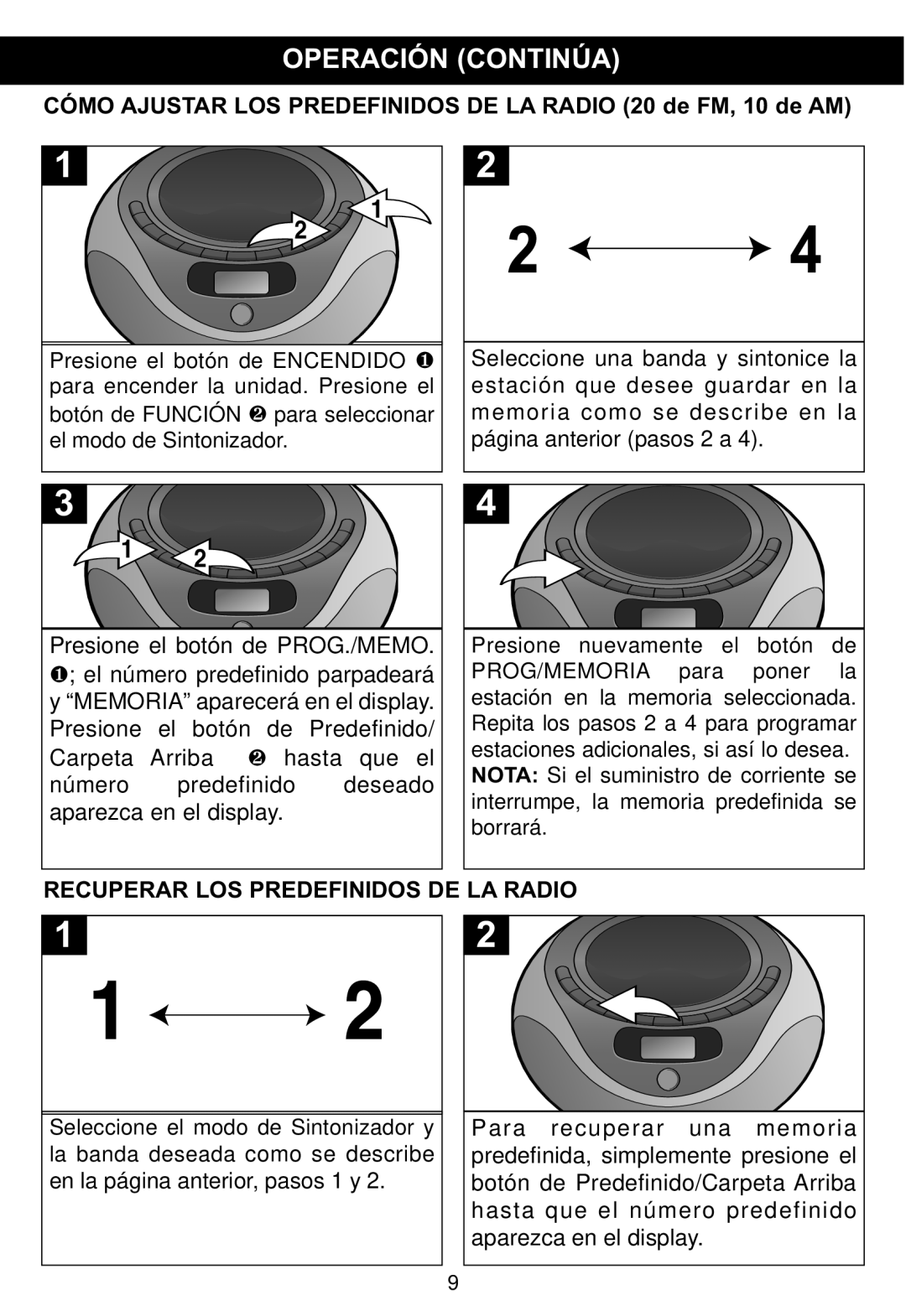 Memorex MP4047 manual Operación Continúa, Recuperar Los Predefinidos De La Radio 