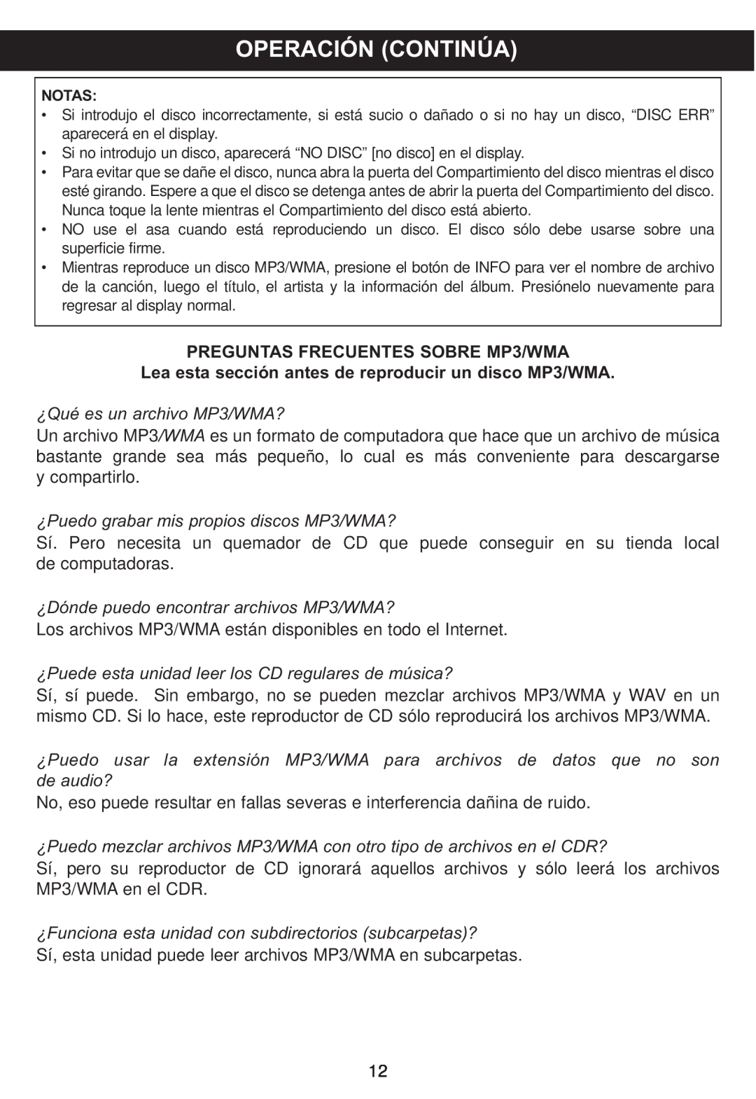 Memorex MP4047 manual Operación Continúa, PREGUNTAS FRECUENTES SOBRE MP3/WMA 