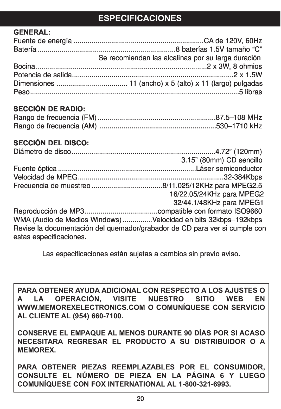 Memorex MP4047 manual Especificaciones 