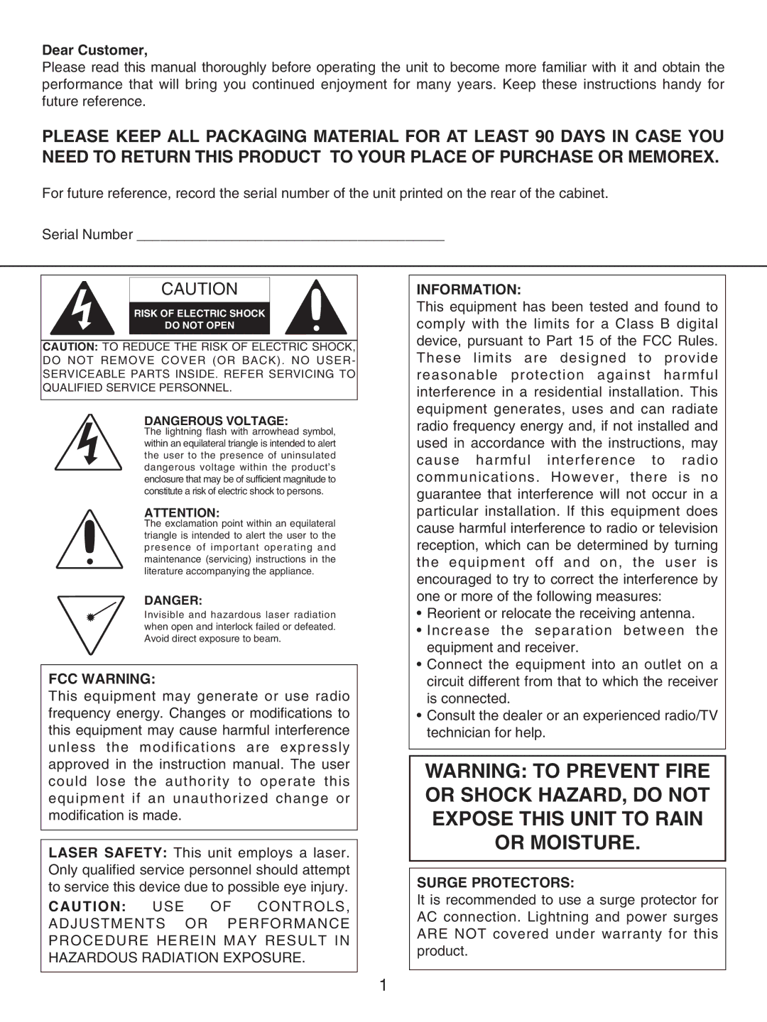 Memorex MP8700 manual Dear Customer, FCC Warning, Information, Surge Protectors 