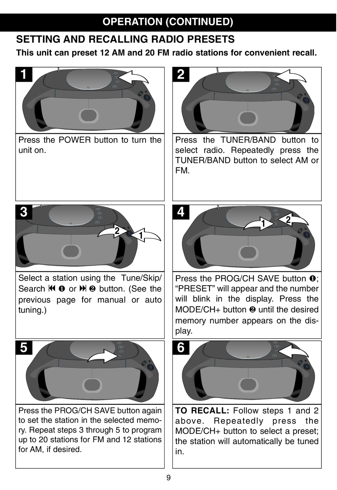 Memorex MP8800 manual Setting and Recalling Radio Presets 