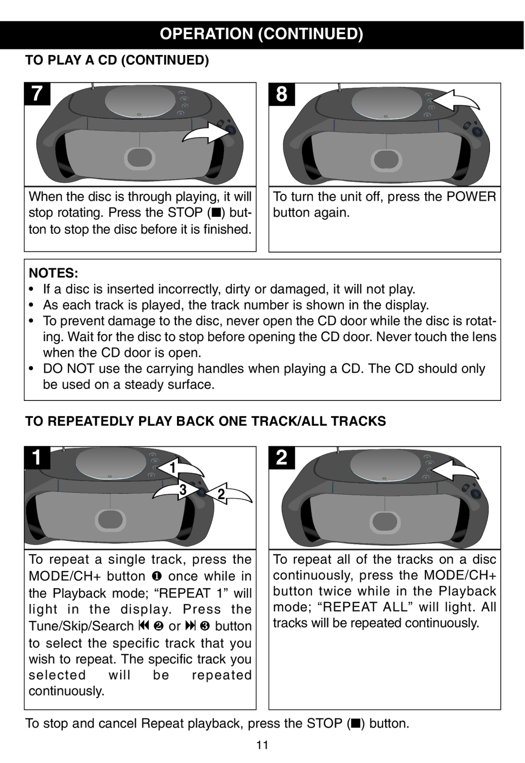 Memorex MP8800 manual To Play a CD, To Repeatedly Play Back ONE TRACK/ALL Tracks 