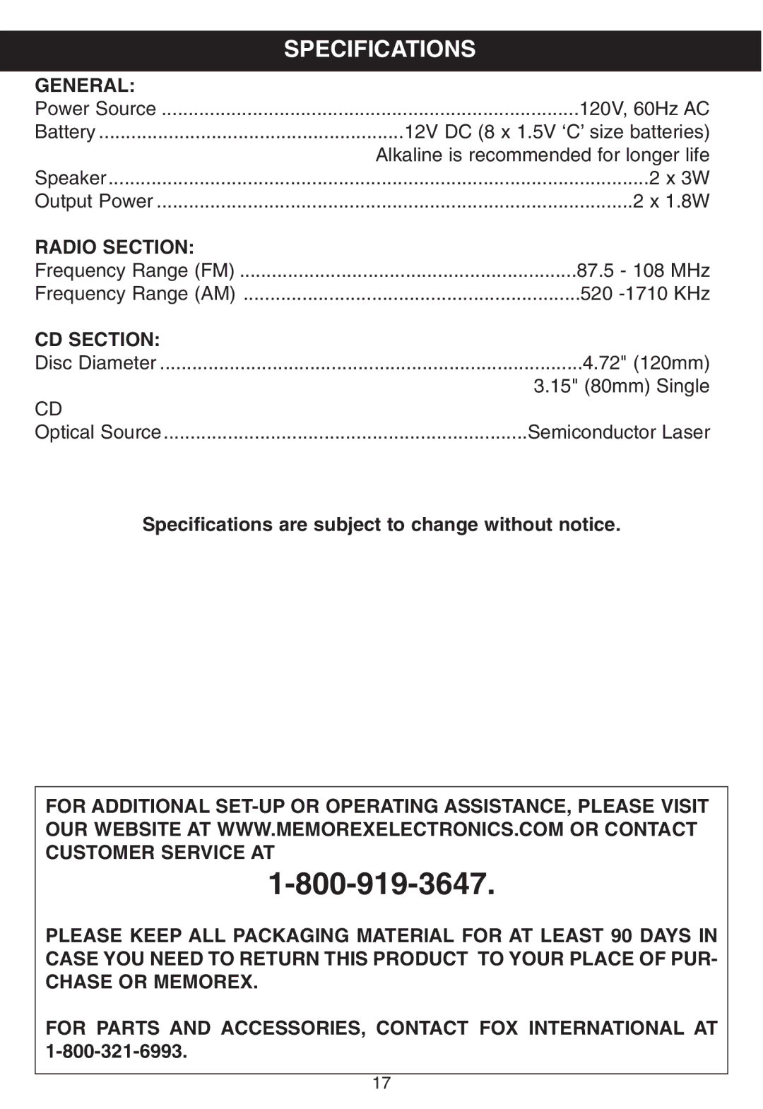 Memorex MP8800 manual Specifications, General, Radio Section, CD Section 