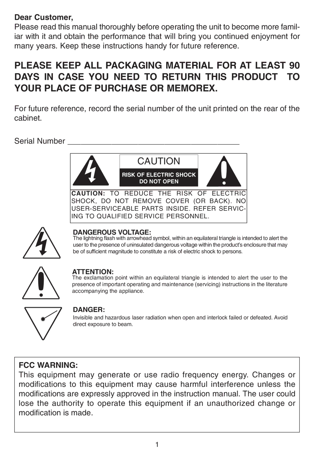 Memorex MP8800 manual Dear Customer, FCC Warning 