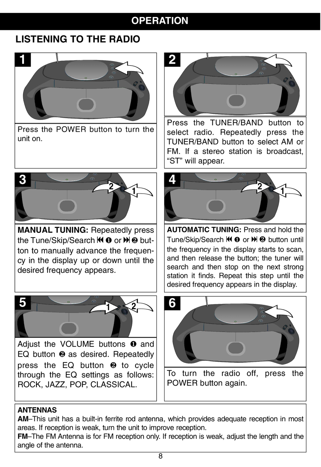 Memorex MP8800 manual Operation, Listening to the Radio 