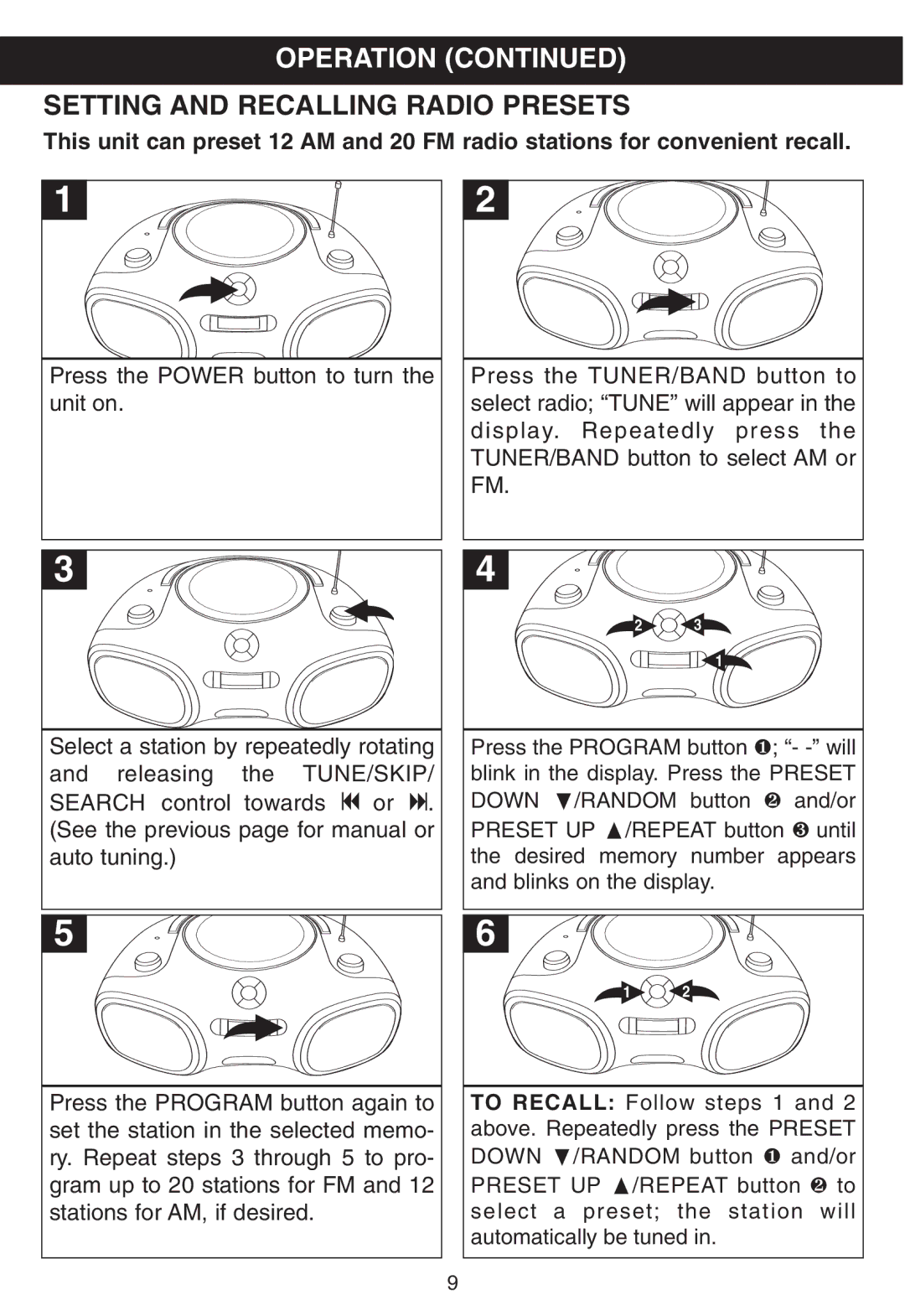 Memorex MP8805 manual Setting and Recalling Radio Presets 