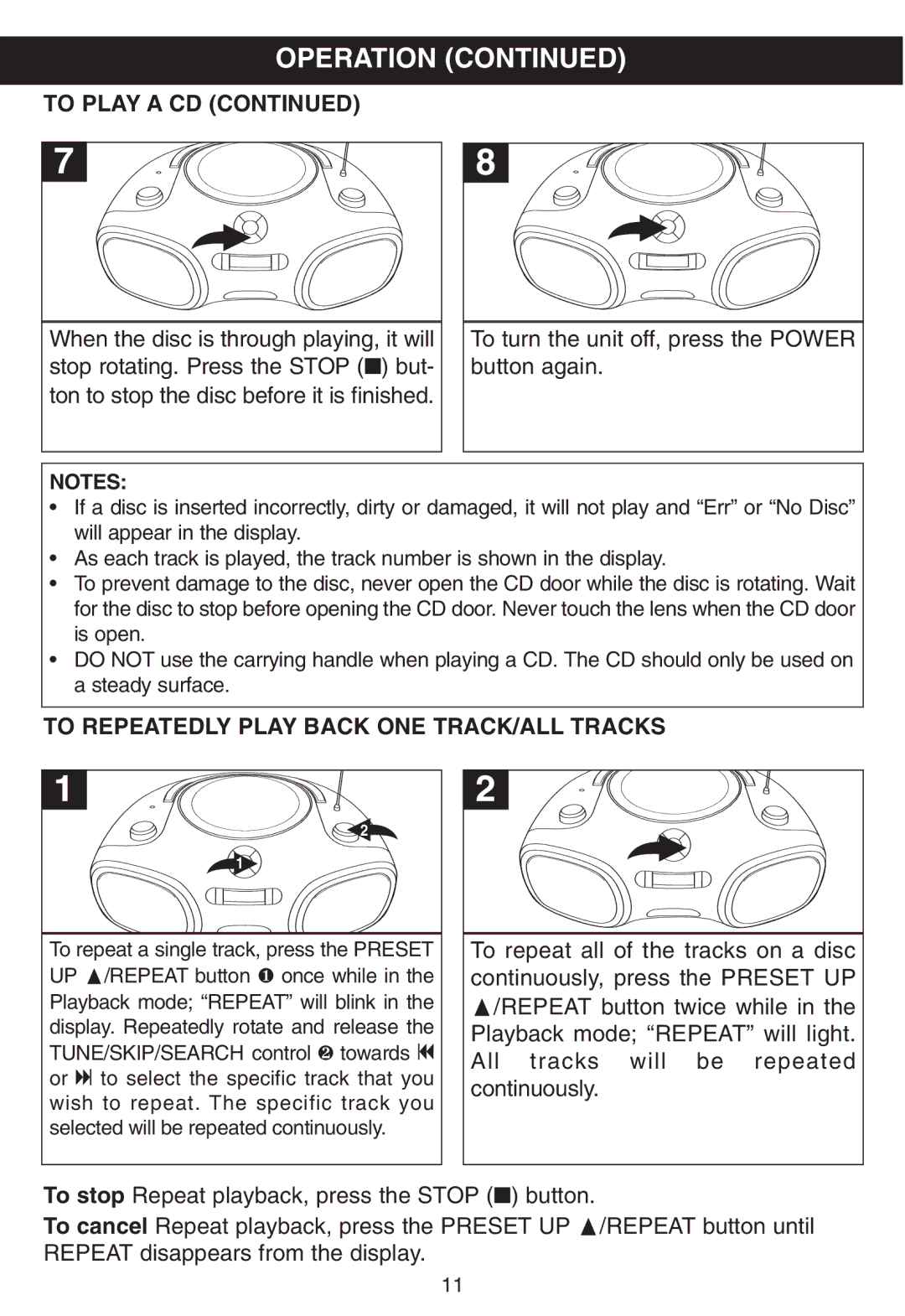 Memorex MP8805 manual To Play a CD, To Repeatedly Play Back ONE TRACK/ALL Tracks 