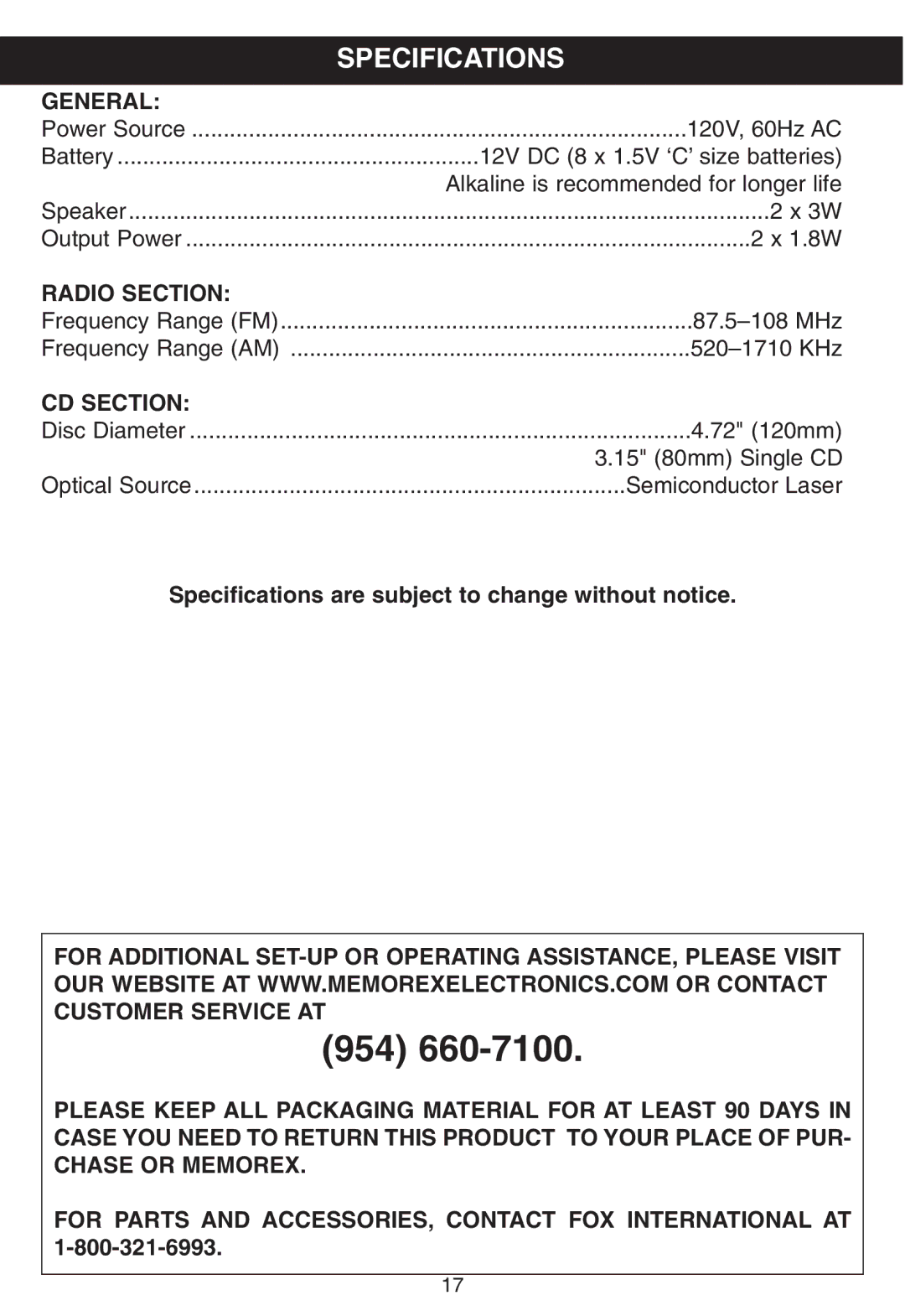 Memorex MP8805 manual Specifications, General, Radio Section, CD Section 