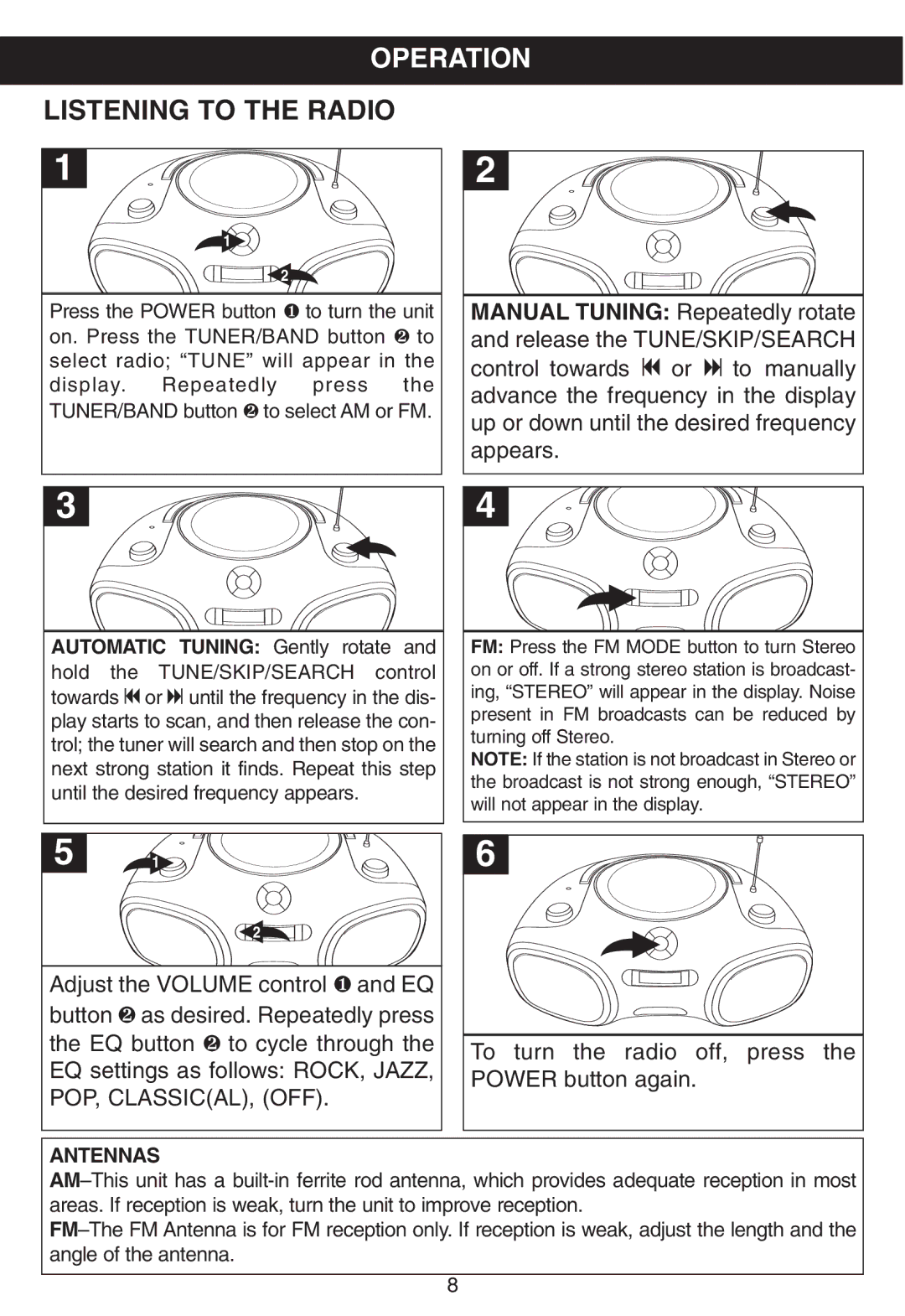 Memorex MP8805 manual Operation, Listening to the Radio 