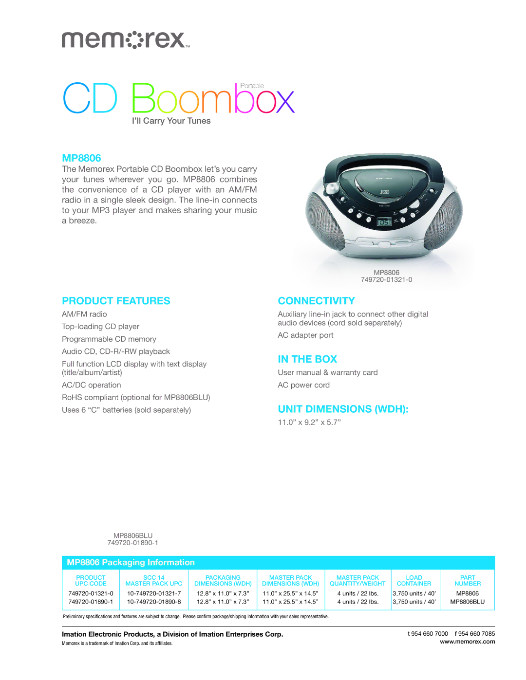 Memorex MP8806 dimensions Product Features, Connectivity, Box, Unit Dimensions WDH 