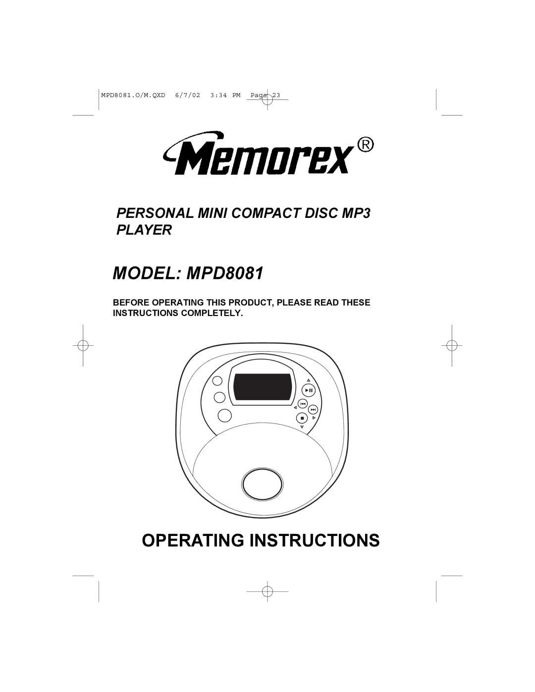 Memorex operating instructions Model MPD8081 