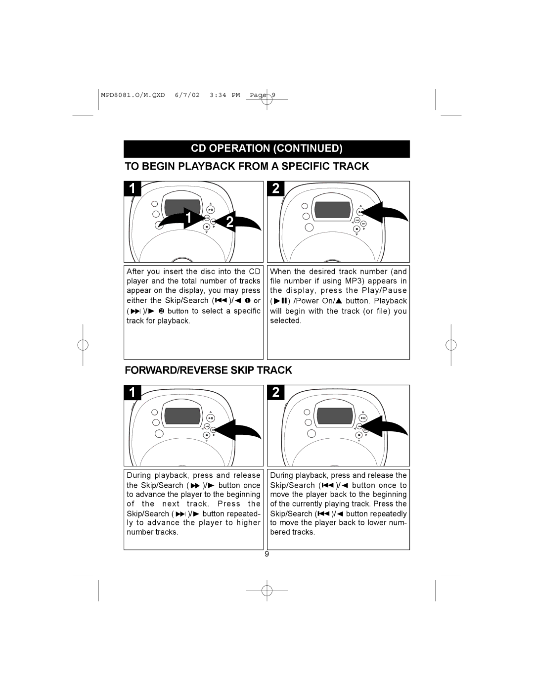 Memorex MPD8081 operating instructions To Begin Playback from a Specific Track, FORWARD/REVERSE Skip Track 