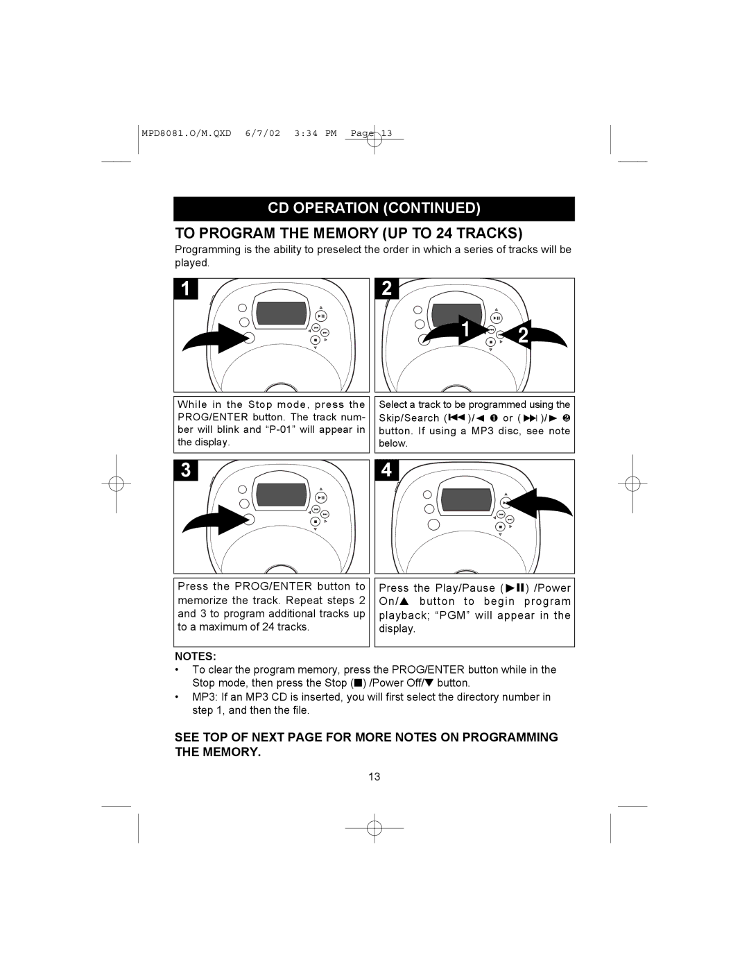 Memorex MPD8081 operating instructions To Program the Memory UP to 24 Tracks 