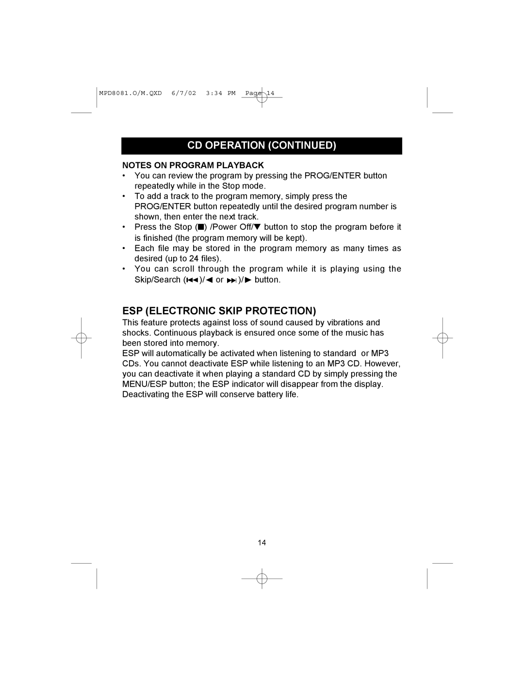 Memorex MPD8081 operating instructions ESP Electronic Skip Protection 