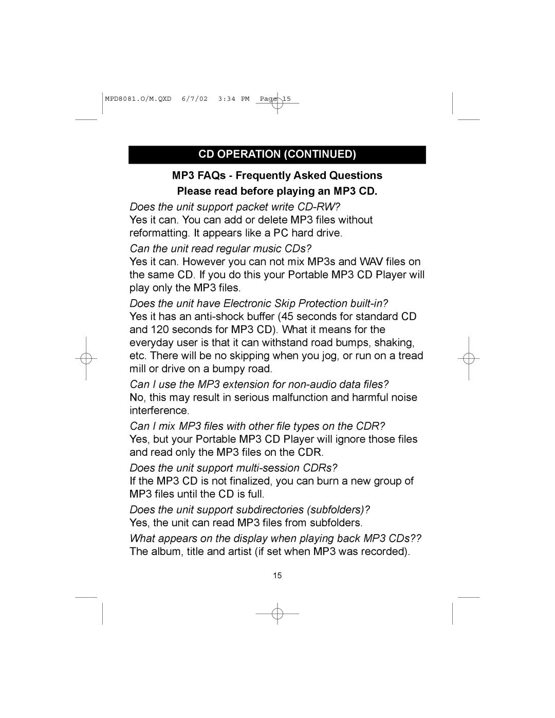 Memorex MPD8081 operating instructions Can I use the MP3 extension for non-audio data files? 