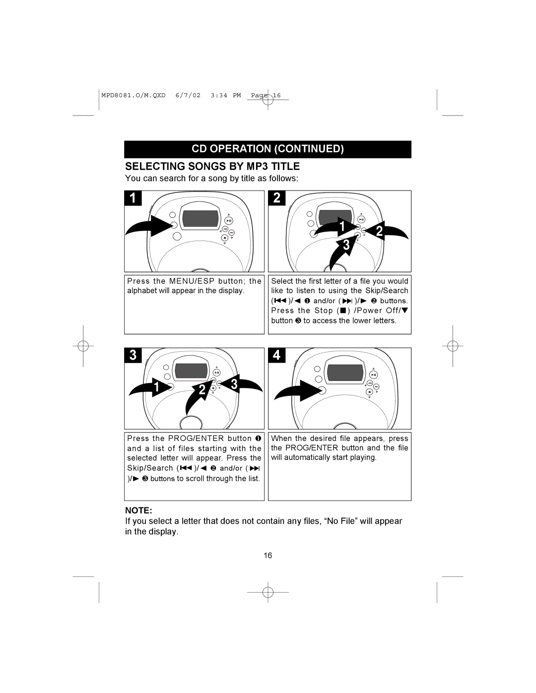 Memorex MPD8081 operating instructions Selecting Songs by MP3 Title, You can search for a song by title as follows 