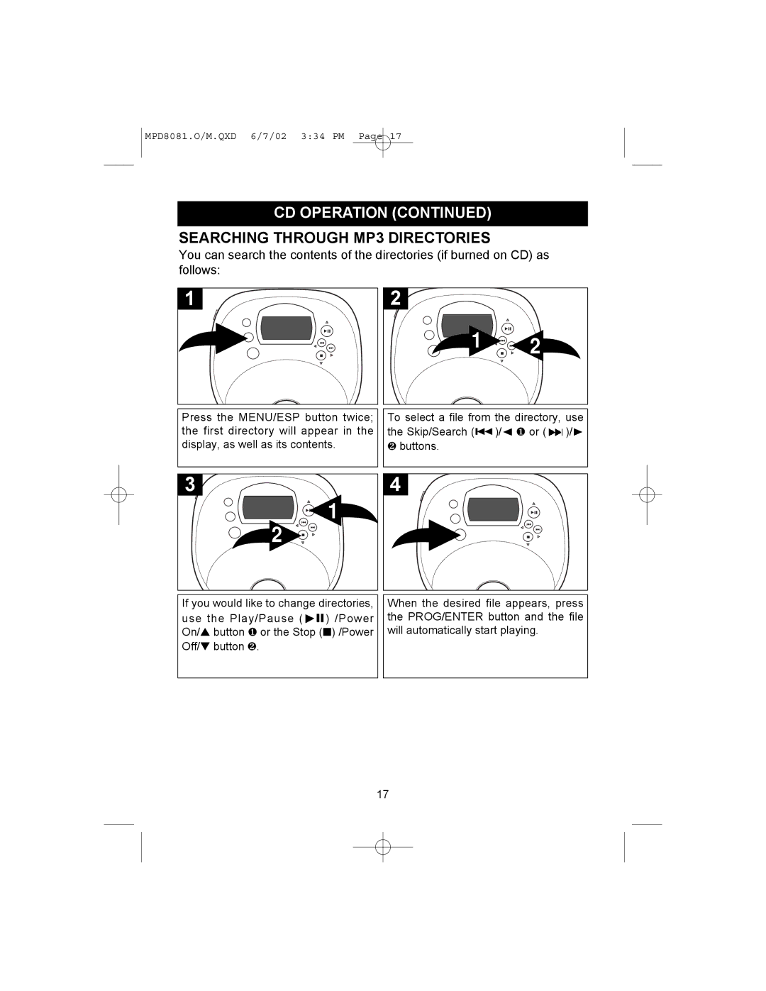 Memorex MPD8081 operating instructions Searching Through MP3 Directories 