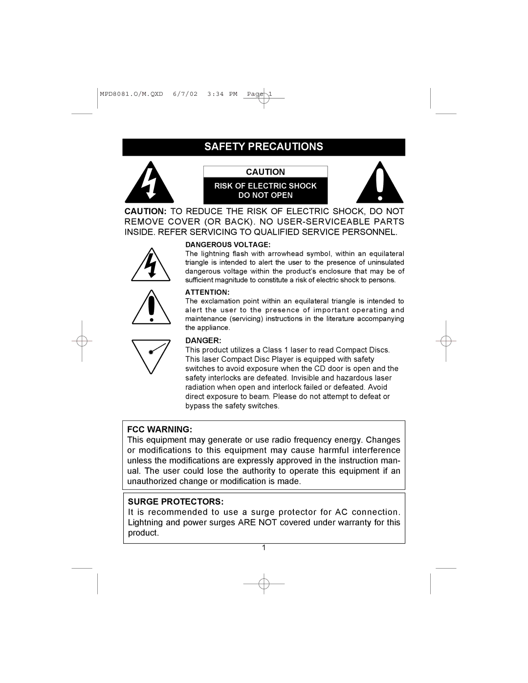 Memorex MPD8081 operating instructions Safety Precautions, Risk of Electric Shock Do not Open 