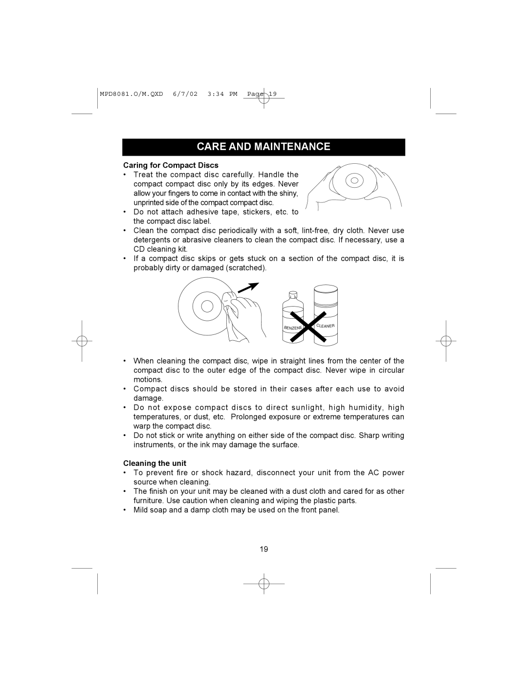 Memorex MPD8081 operating instructions Care and Maintenance, Caring for Compact Discs 