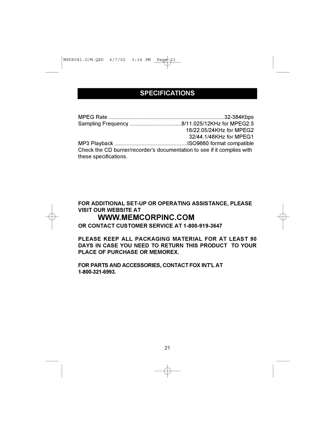 Memorex MPD8081 operating instructions Specifications 