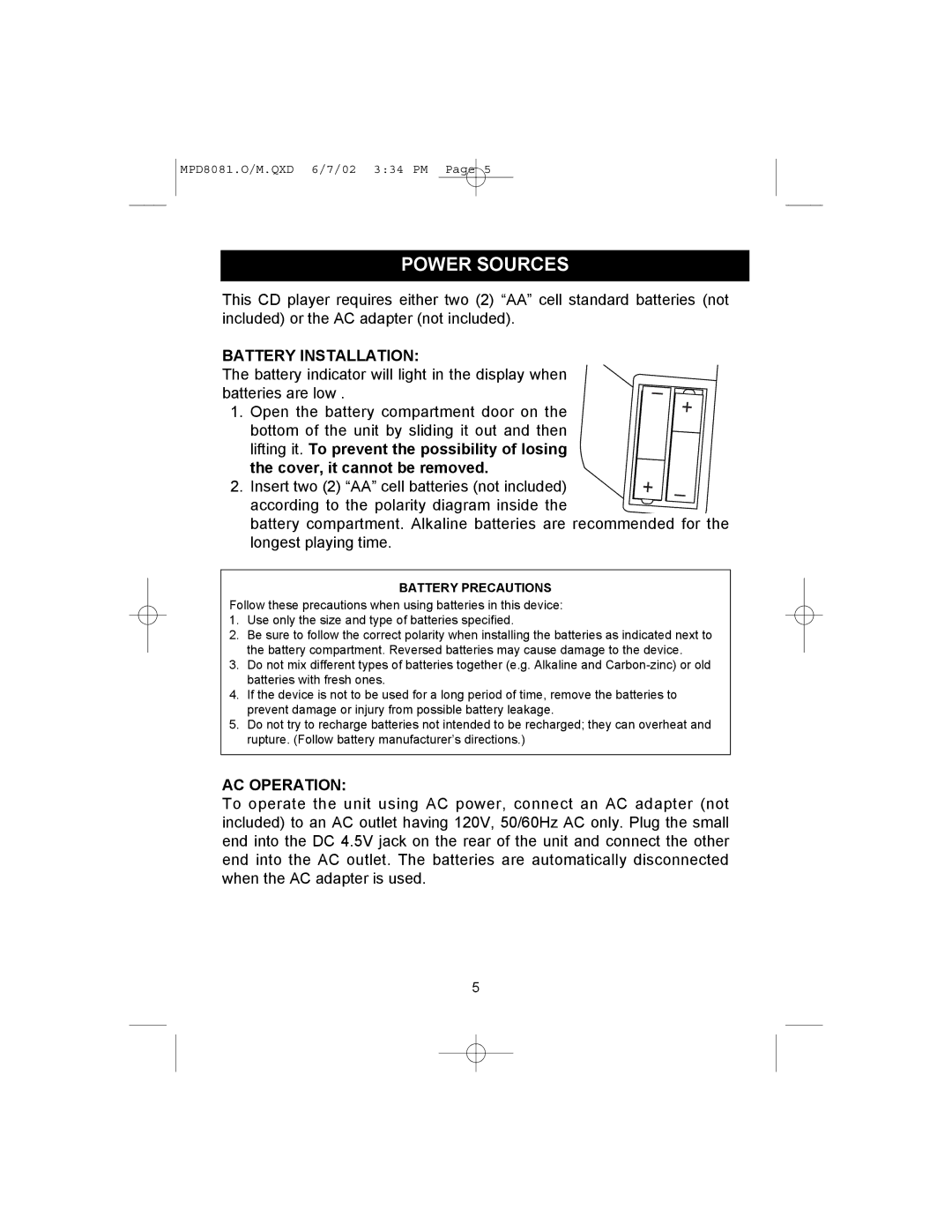 Memorex MPD8081 operating instructions Power Sources, Battery Installation 