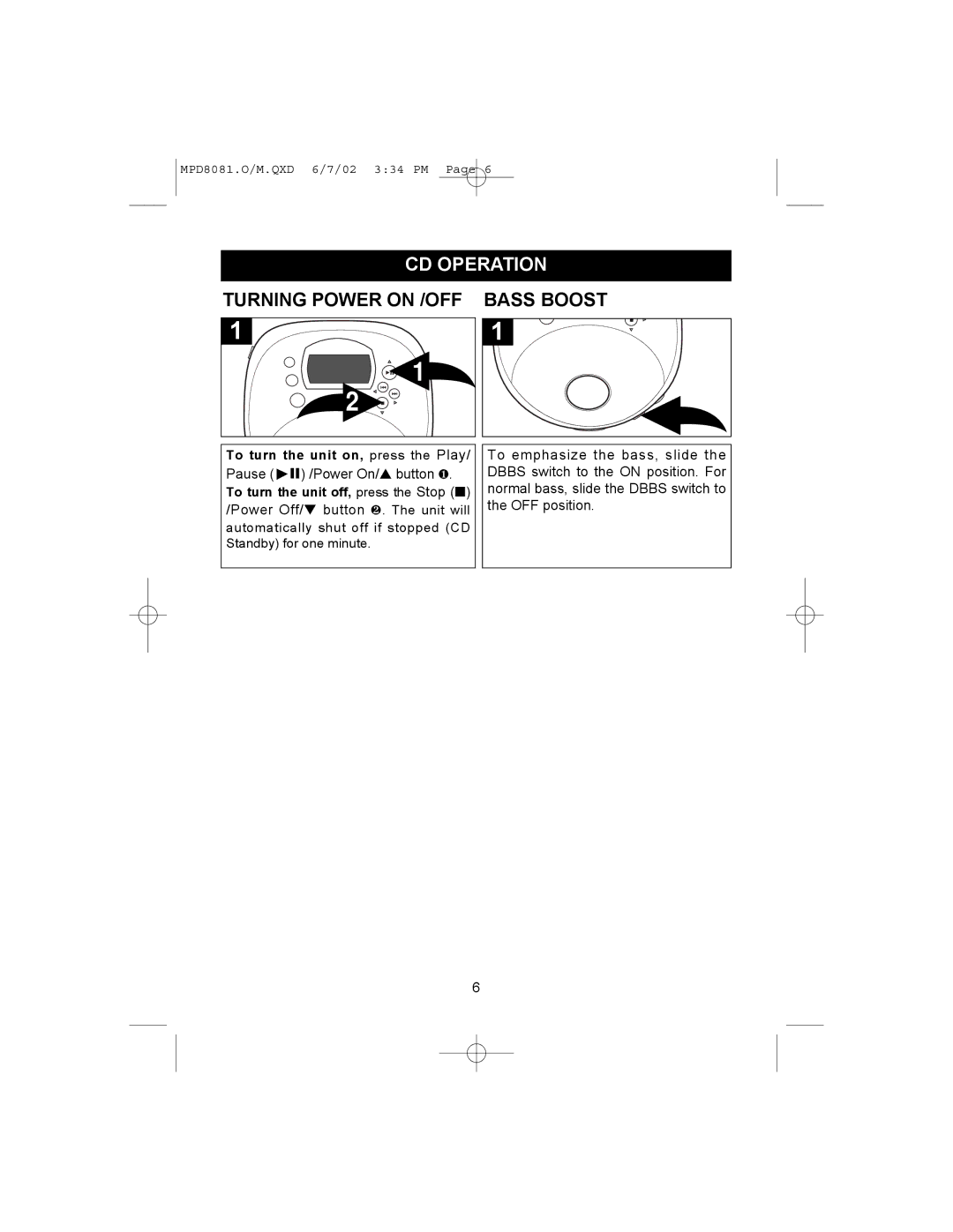 Memorex MPD8081 operating instructions CD Operation, Turning Power on /OFF Bass Boost 