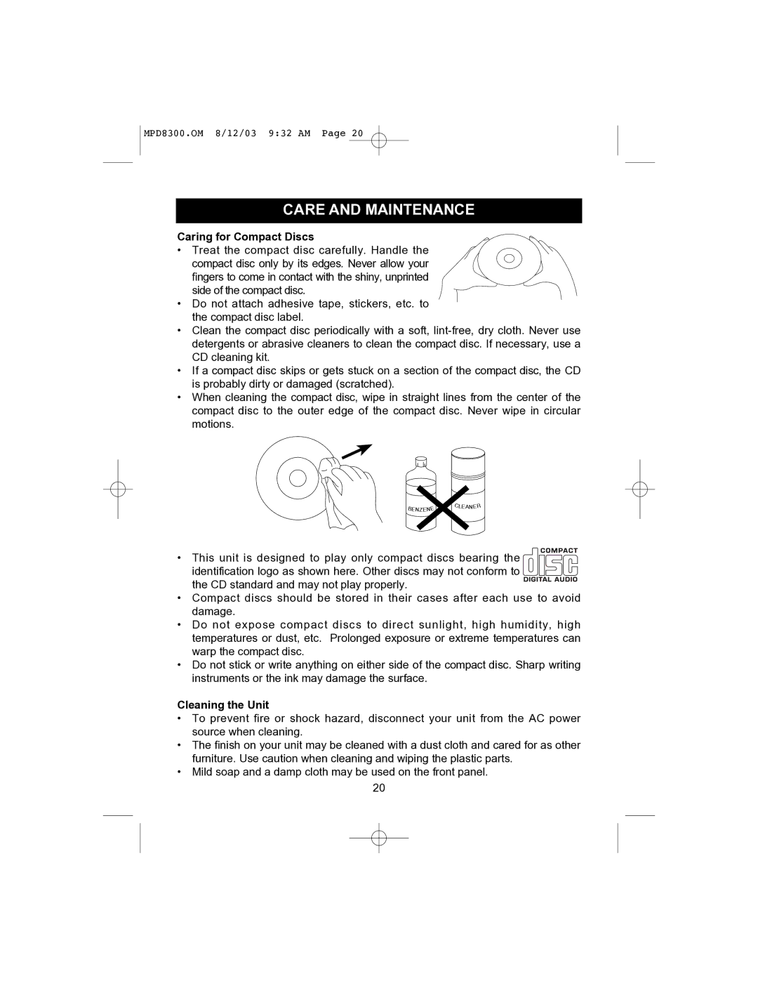 Memorex MPD8300 manual Care and Maintenance, Caring for Compact Discs 