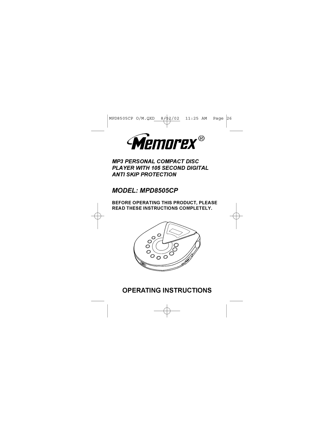 Memorex operating instructions Model MPD8505CP 