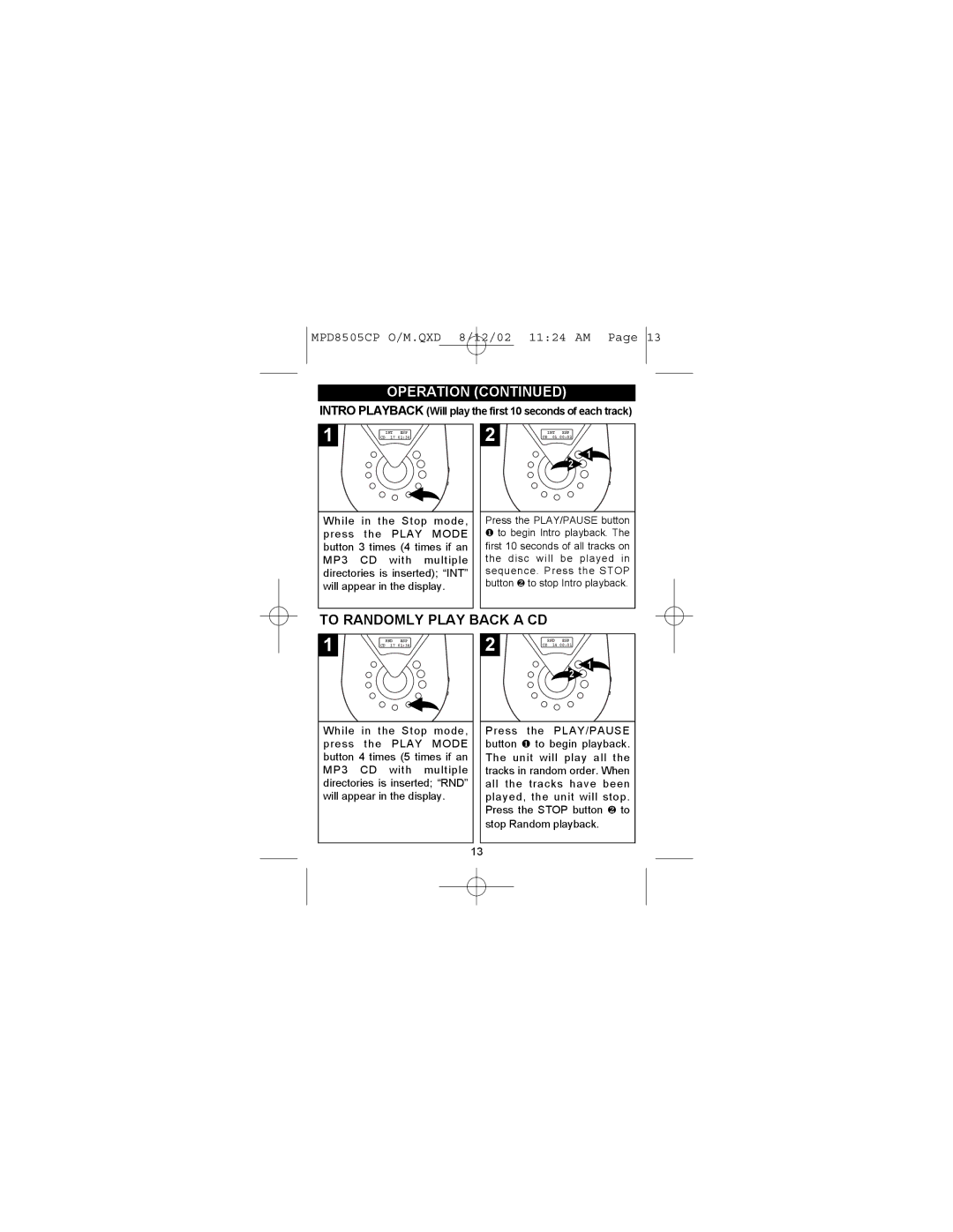 Memorex MPD8505CP To Randomly Play Back a CD, Intro Playback Will play the first 10 seconds of each track 