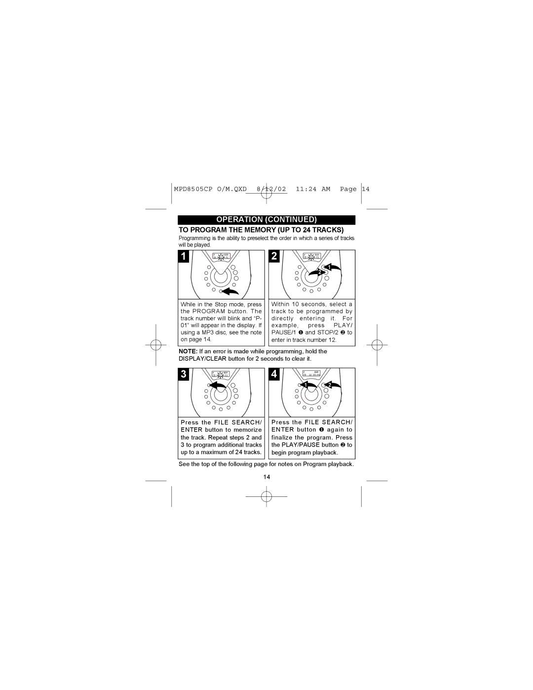 Memorex MPD8505CP operating instructions To Program the Memory UP to 24 Tracks 