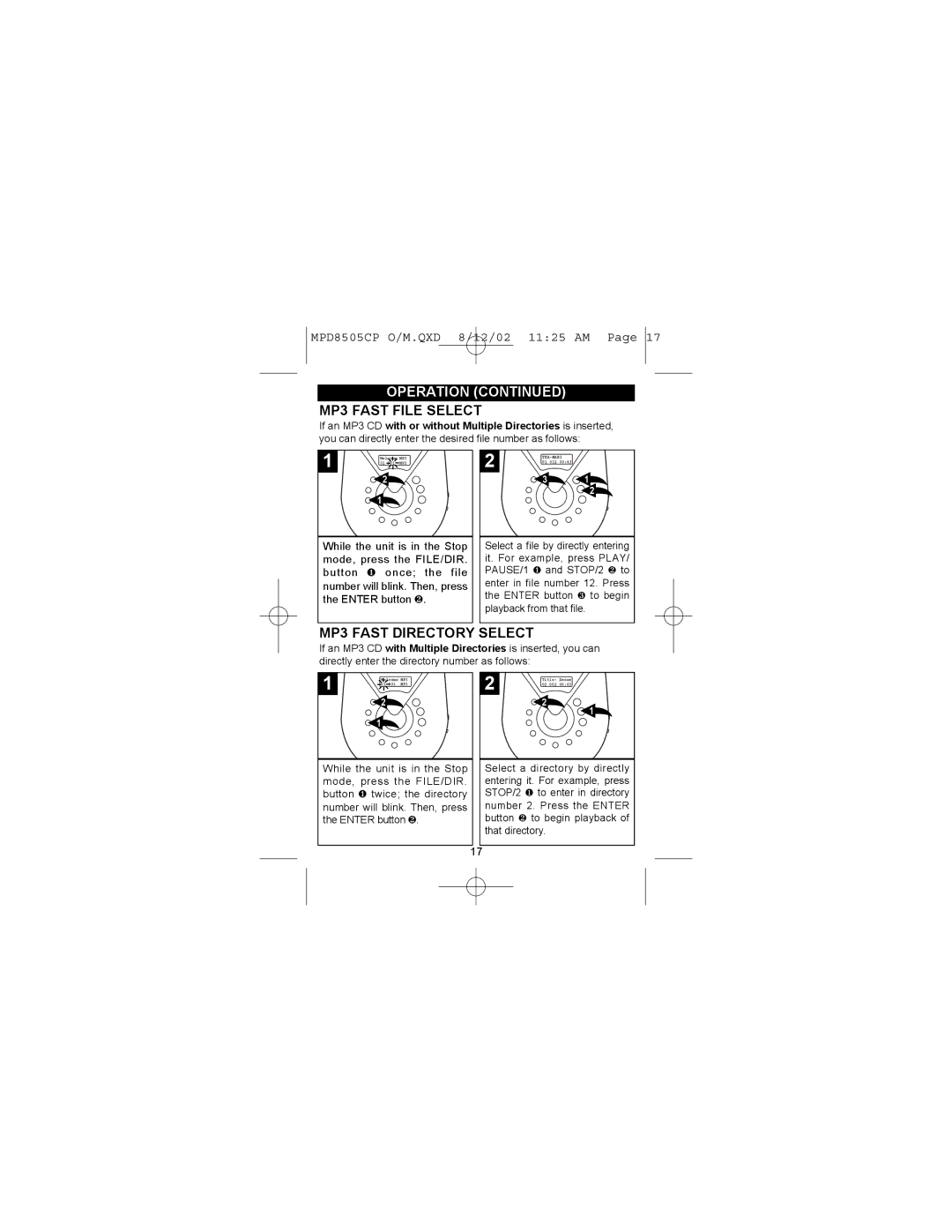 Memorex MPD8505CP operating instructions MP3 Fast File Select, MP3 Fast Directory Select 