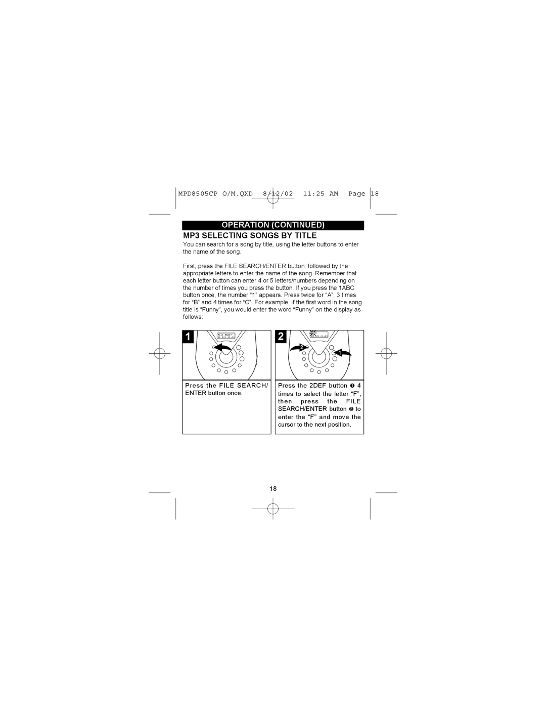 Memorex MPD8505CP operating instructions MP3 Selecting Songs by Title, Enter button once 