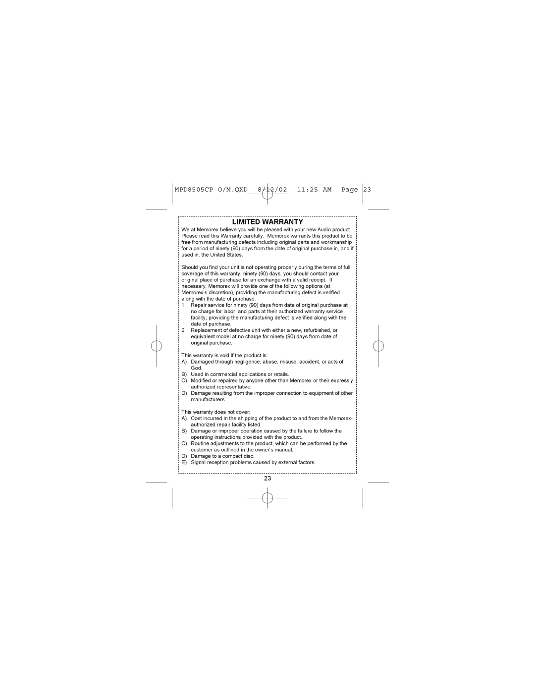 Memorex MPD8505CP operating instructions Limited Warranty 