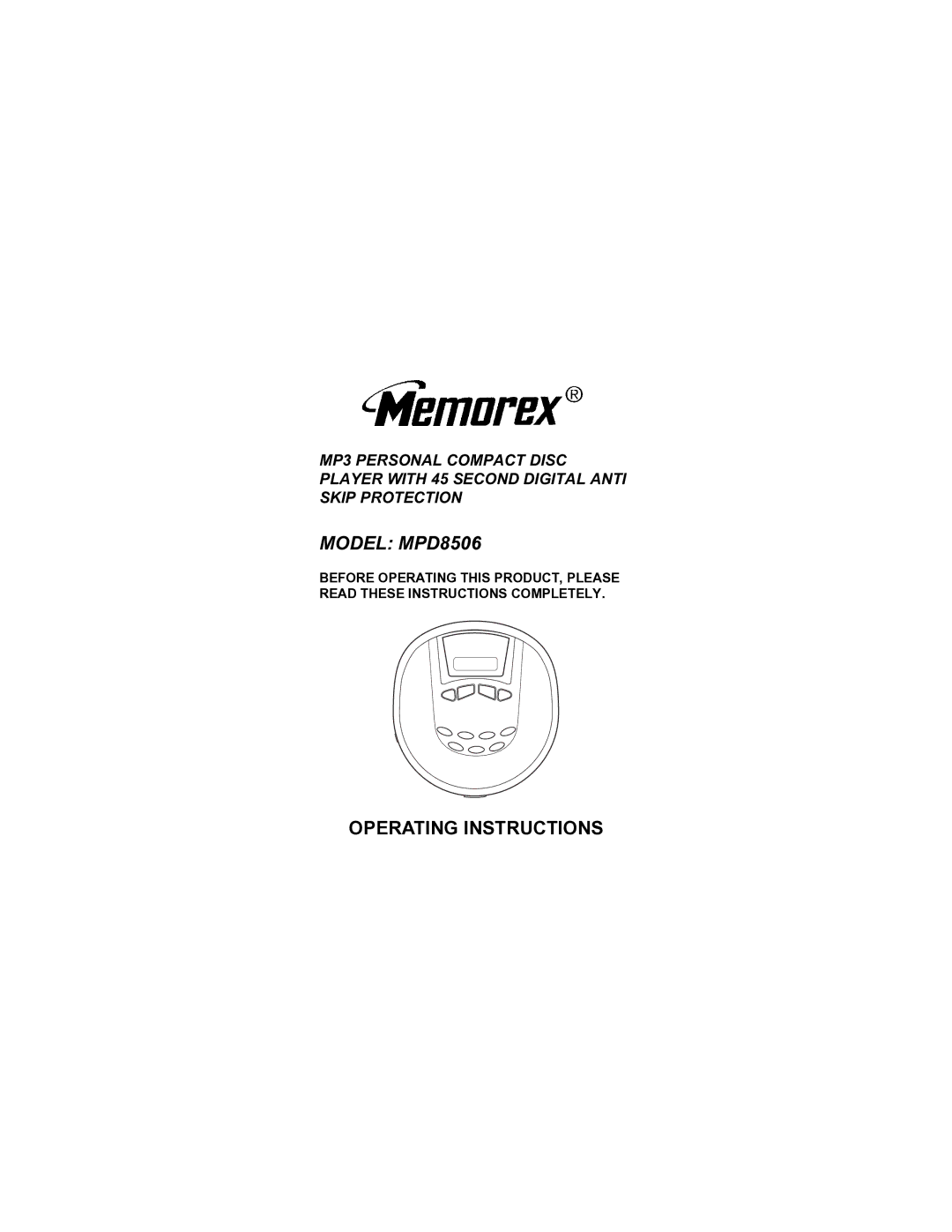 Memorex operating instructions Model MPD8506 