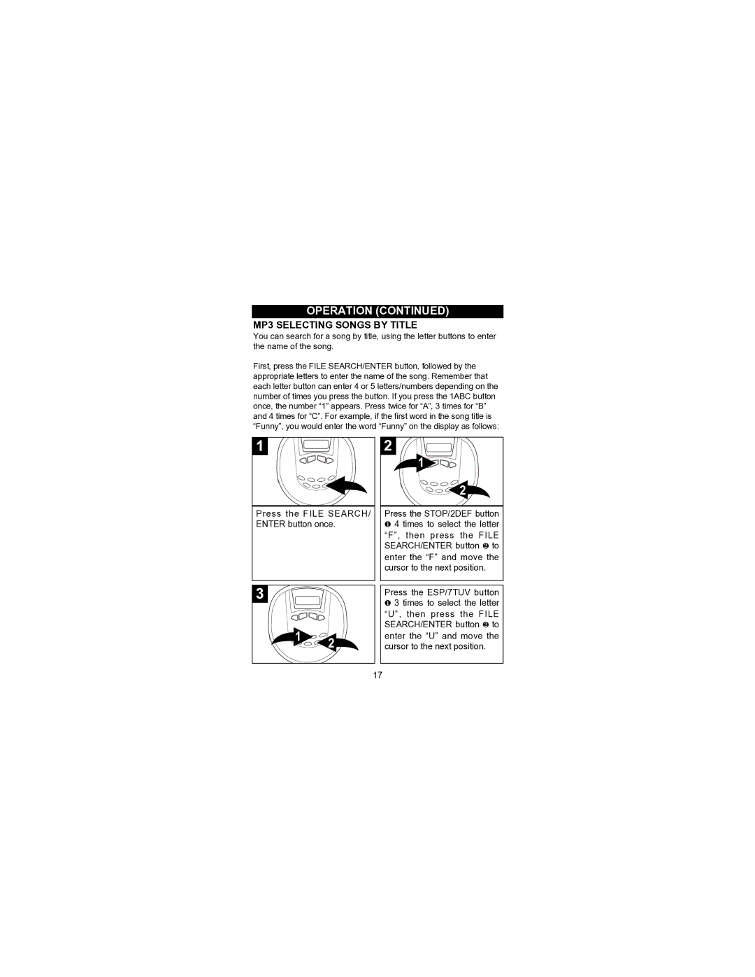 Memorex MPD8506 operating instructions MP3 Selecting Songs by Title 