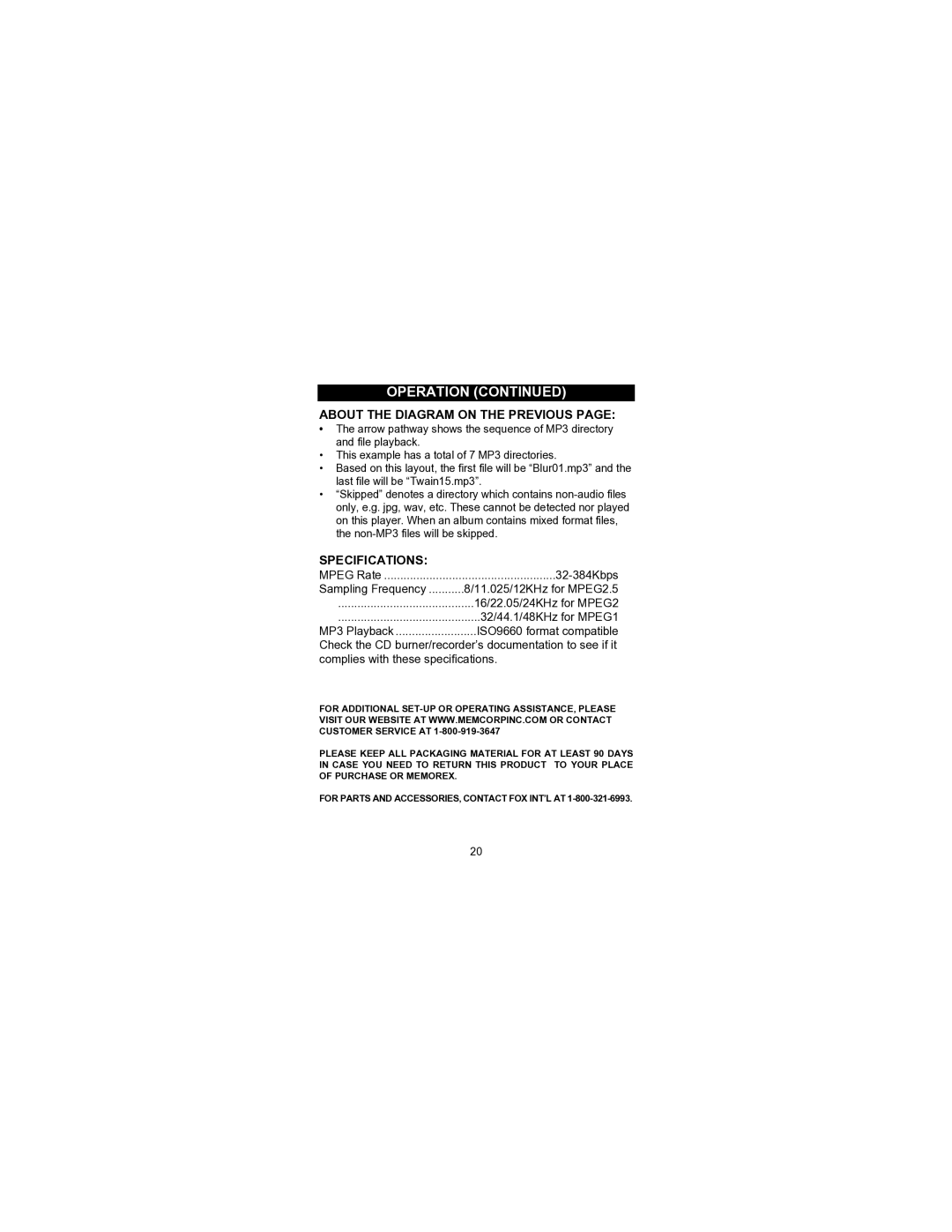 Memorex MPD8506 operating instructions About the Diagram on the Previous, Specifications 