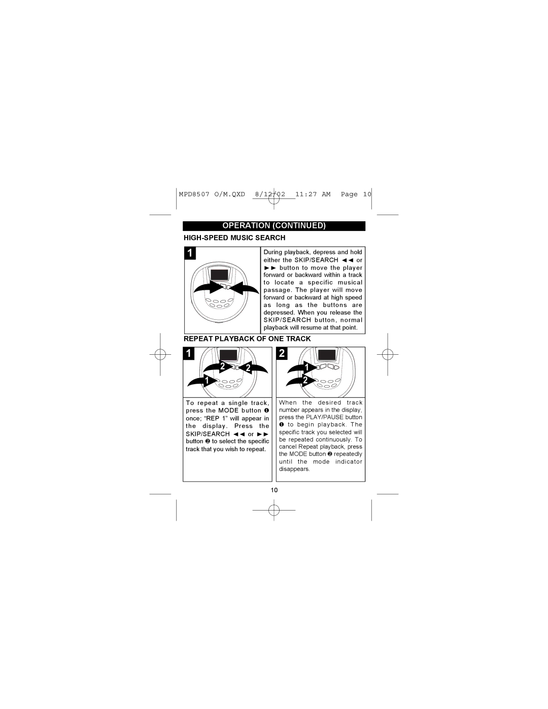 Memorex MPD8507 manual HIGH-SPEED Music Search, Repeat Playback of ONE Track 